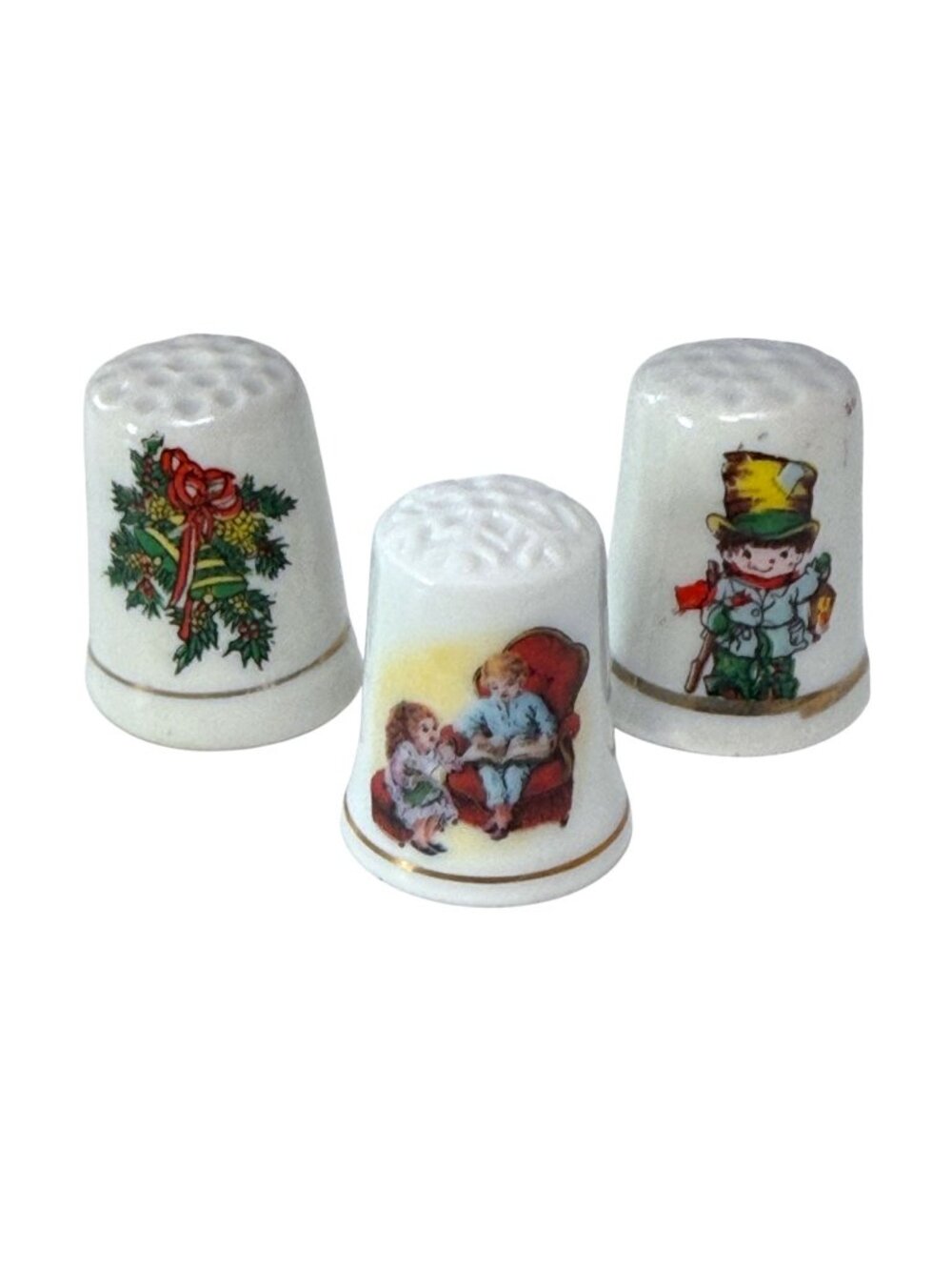 Vintage Christmas Ceramic Thimbles Set of 3 Holly Bells Boy & Avon 1983 Holiday